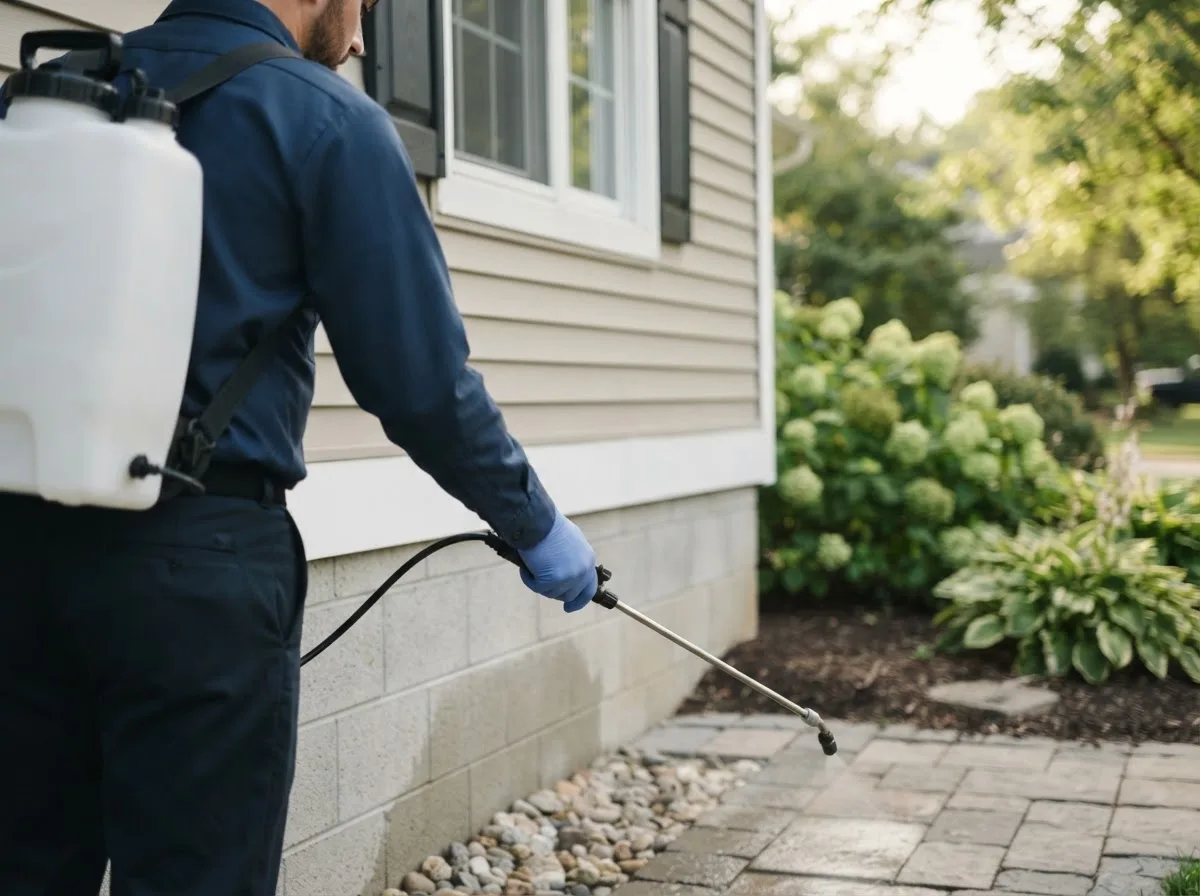Pest control technician inspecting a home in Cascade, IA